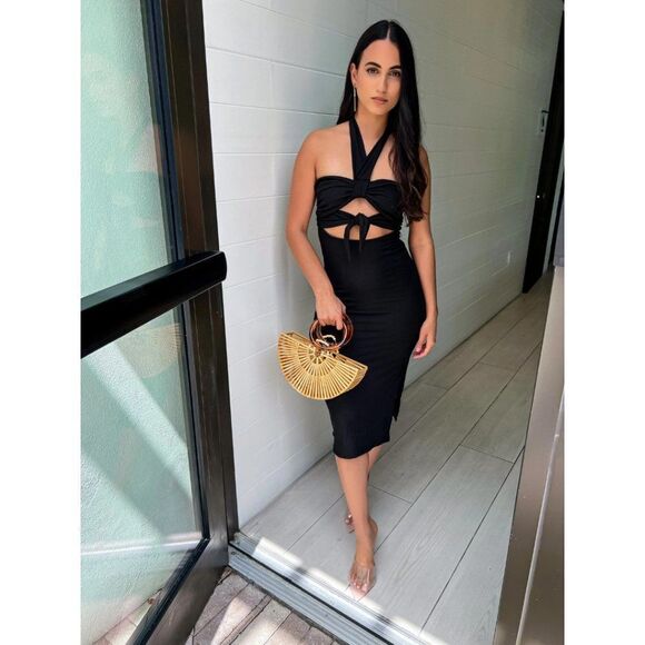 NWT Anthropologie Black Rib Knit Cut Out Halter Bodycon Midi Dress - Picture 1 of 9